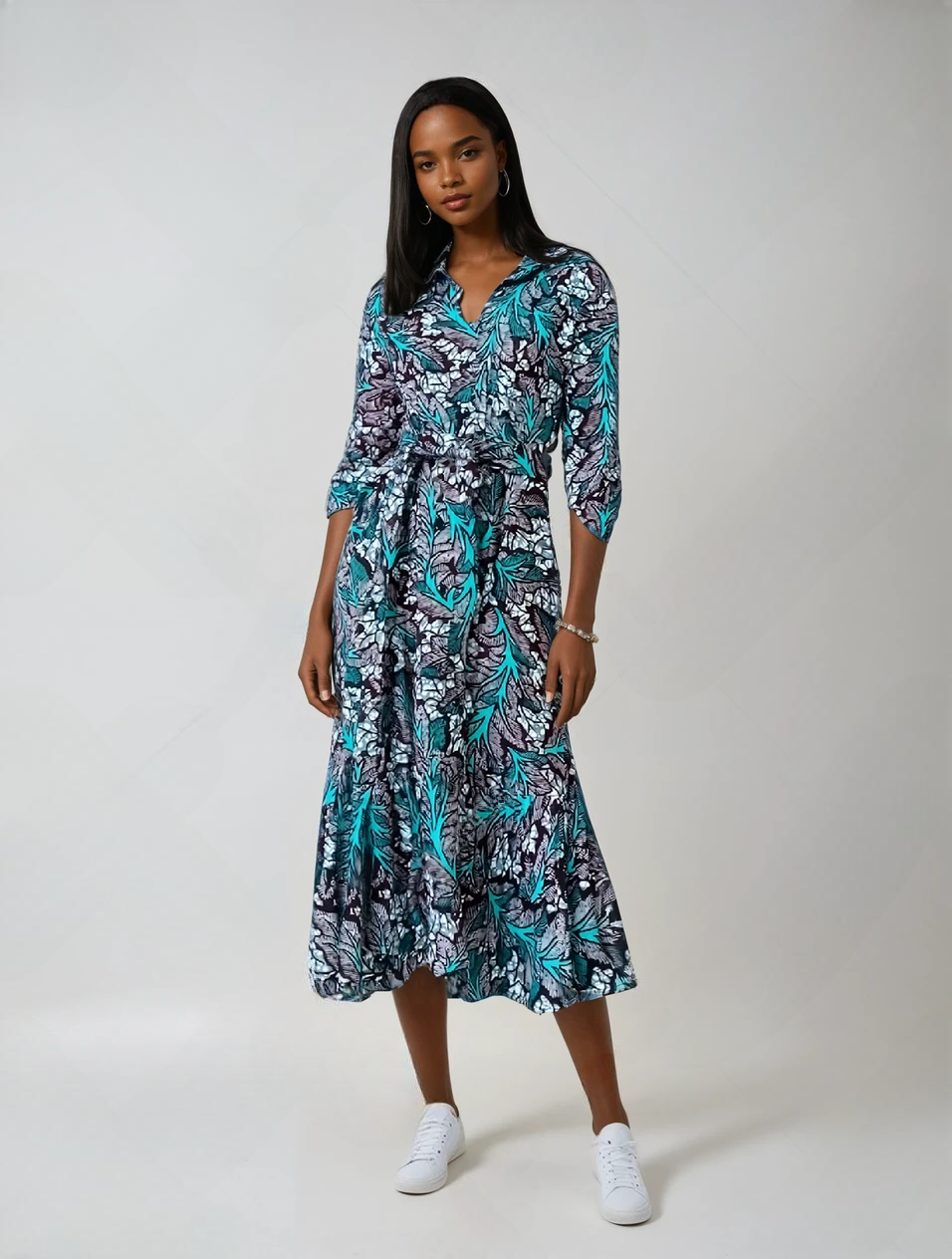 Sample Blue-Green African Print Shirt Dress – Jessica Handmade Ruffle Hem -Size M