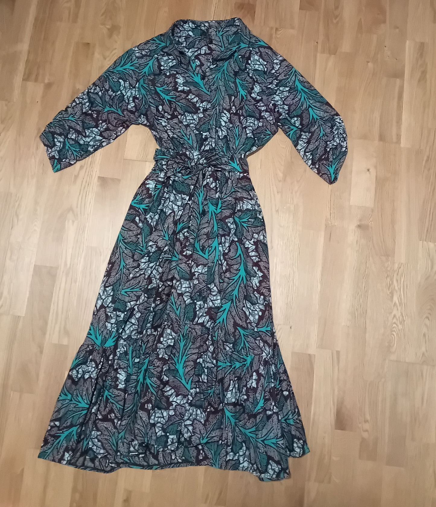 Sample Blue-Green African Print Shirt Dress – Jessica Handmade Ruffle Hem -Size M