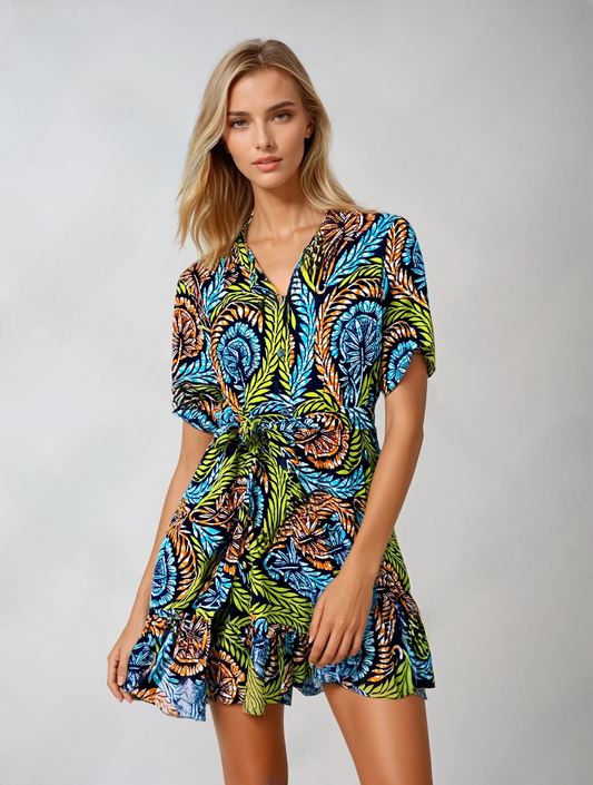 Orange African Print Shirt Dress – Jessie Short Ruffle Hem Handmade Style