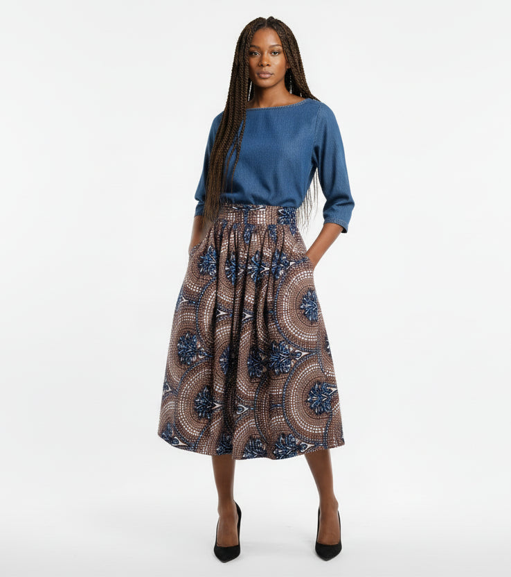 African print midi skirt “Aduke – The Beloved One” in blue, brown, beige and white, handmade in limited edition, designed in Vestby near Oslo, Norway