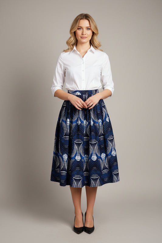 African print midi skirt Asata ''Princess” in blue, black and white pattern, handmade in limited edition, designed in Vestby near Oslo, Norway