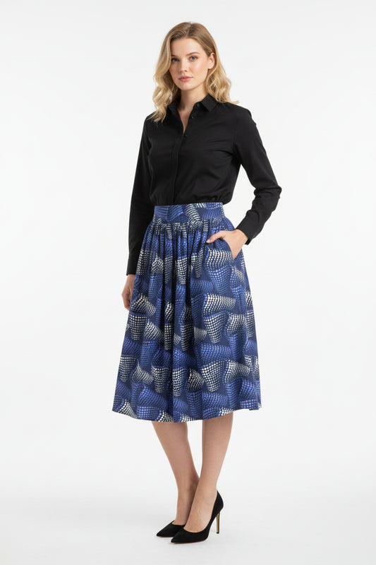 African print midi skirt “Isatu – Strong, Wise Woman” in purple-blue, black and grey, handmade in limited edition, designed in Vestby near Oslo, Norway