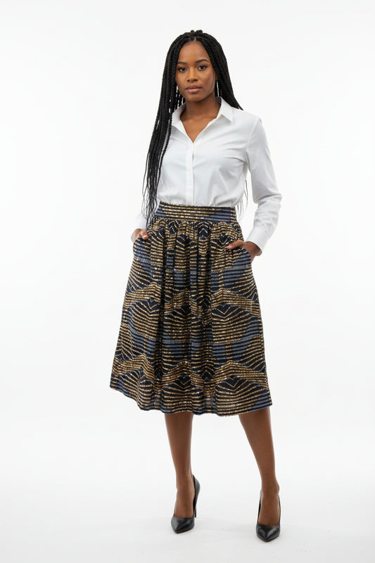 African print midi skirt “Luena – Calm” in brown, black and white, handmade in limited edition, designed in Vestby near Oslo, Norway