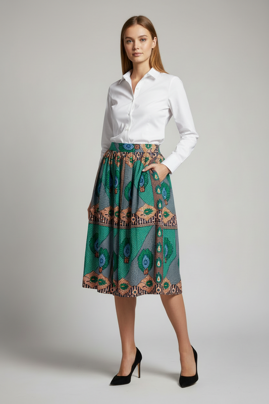 African print midi skirt “Obianuju – Born Into Abundance” in green, orange and white, handmade in limited edition, designed in Vestby near Oslo, Norway