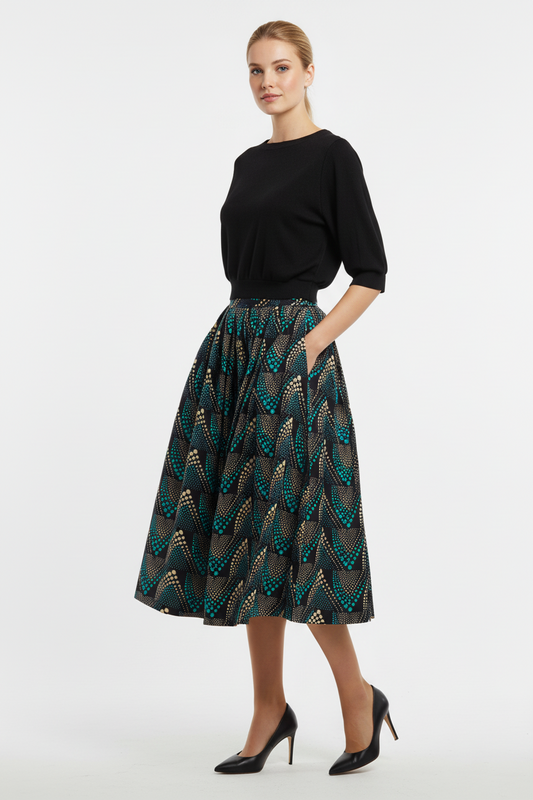 African print midi skirt “Sika – Gold” in beige, black and blue-green, handmade in Vestby near Oslo, Norway